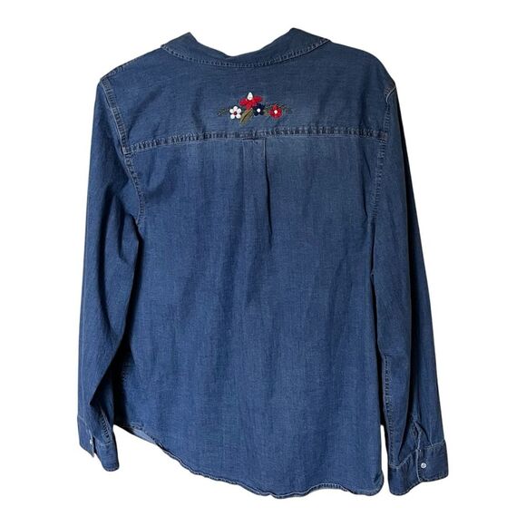 Denim & Co. Blue Denim Embroidered Floral Long Sleeve Button-Up Shirt Size XL - Picture 2 of 11